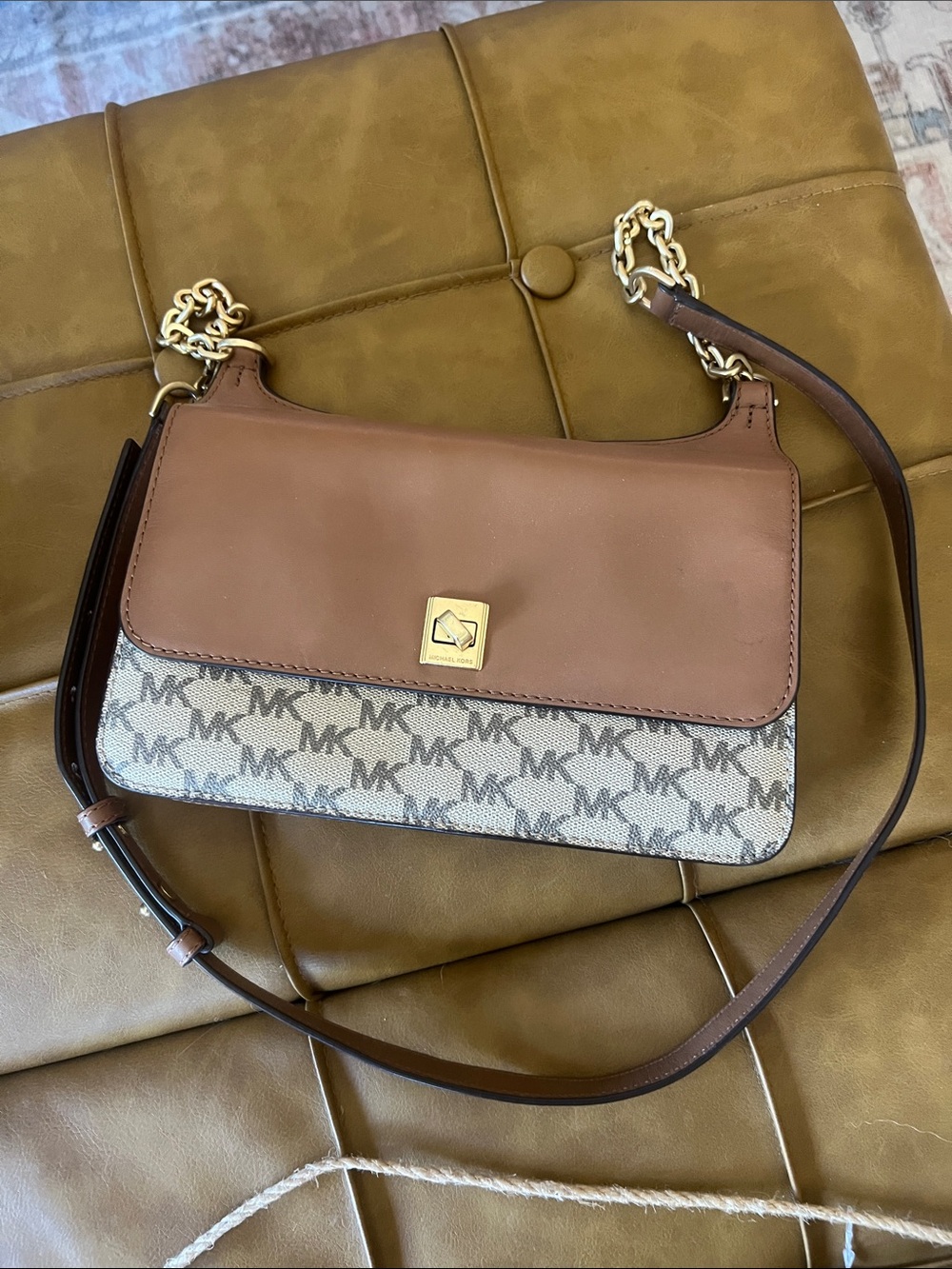 Michael Kors Brown and Beige MK Logo Shoulder Bag with Gold Hardware